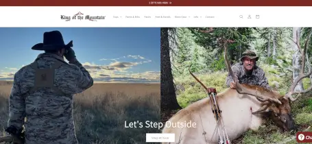 King of the Mountain Shopify e-commerce store displaying outdoor gear and hunting equipment products with mountain landscape photography and earthy design tones